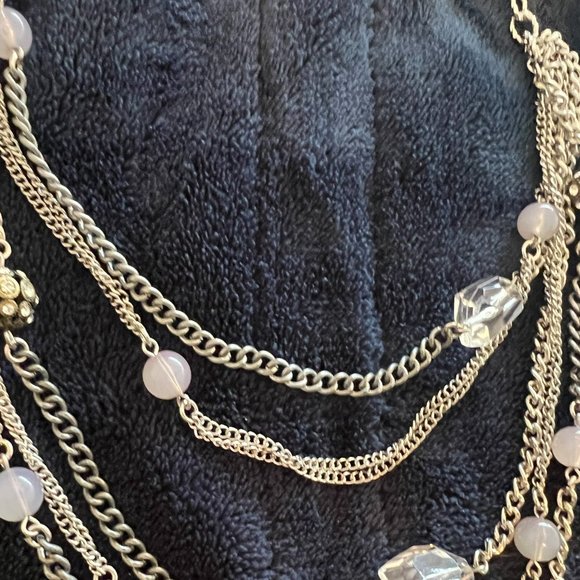 LOFT Silver Multi-Tier Clear Crystal, Pink Bead and Rhinestone Necklace - 19 inc - Picture 2 of 2